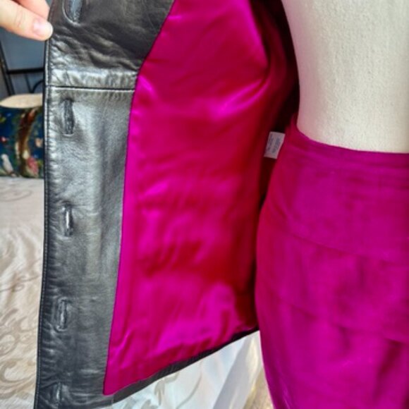 Danier Vintage 80s/90s Fuchsia Pink and Black Suede Leather Blazer and Skirt Set - Picture 8 of 16